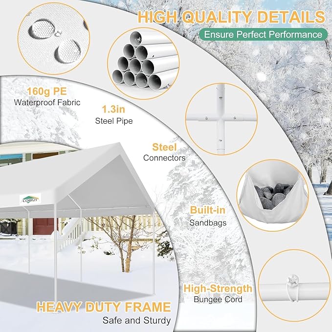 COBIZI 12x20ft Carport Heavy Duty, Portable Car Garage Outdoor Party Tent with Built-in Sandbags, Waterproof Car Canopy for Truck, Boat, SUV with All-Season Tarp, White