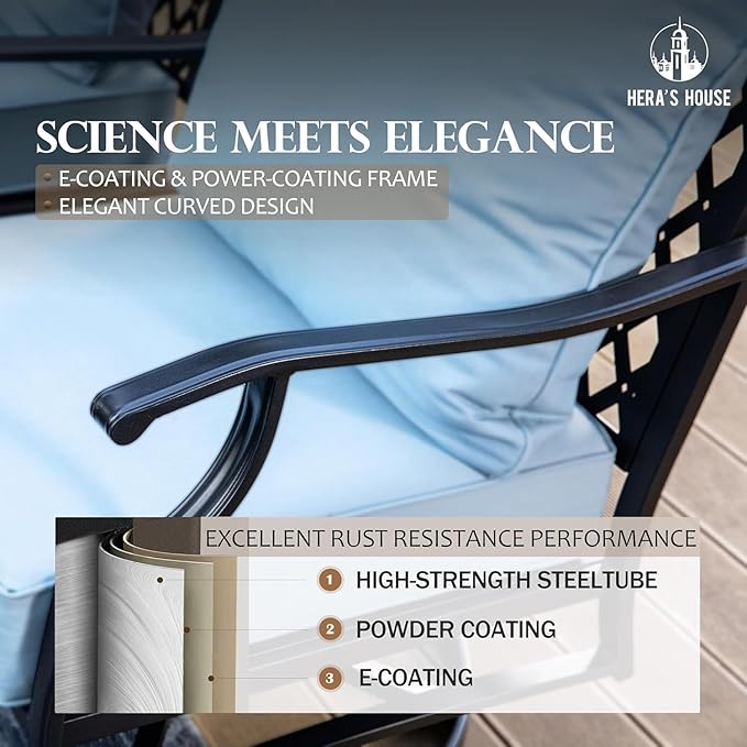 HERA'S HOUSE 7 Piece Outdoor Furniture Set, 2 x Rocking Chair, 2 x Fixed Chair, 2 x Ottoman, 1 x 3-Seat Sofa, All Weather 9 Seats Outdoor Conversation Set for Lawn Garden Backyard, Blue