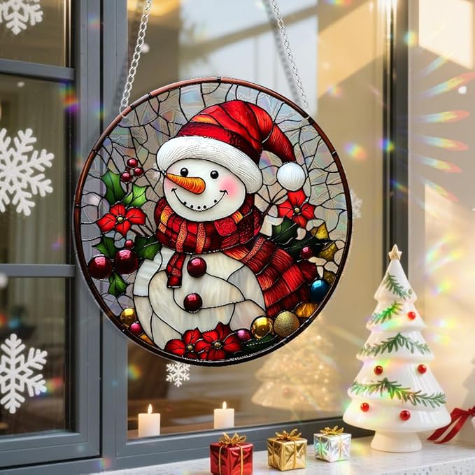 Xmas Suncatcher Window Hanging - Christmas Snowman Suncatcher for Door Terrace Garden Home Decor， Winter Rainbow Maker Birthday Gifts for Lovers Women Men Dad Mom
