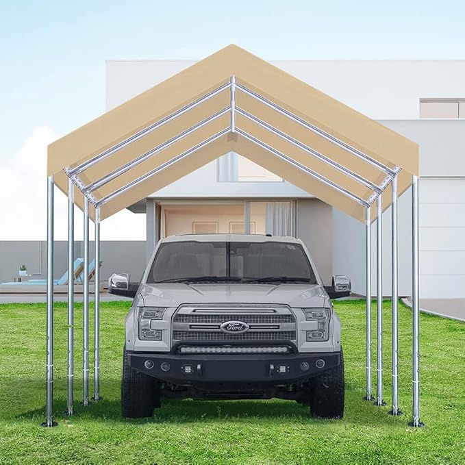 Rutile 12'x20' Carport Canopy ONLY Tent Garage Replacement Top Tarp Car Shelter Cover w/Ball Bungees Beige (Only Top Cover, Frame is not Included)