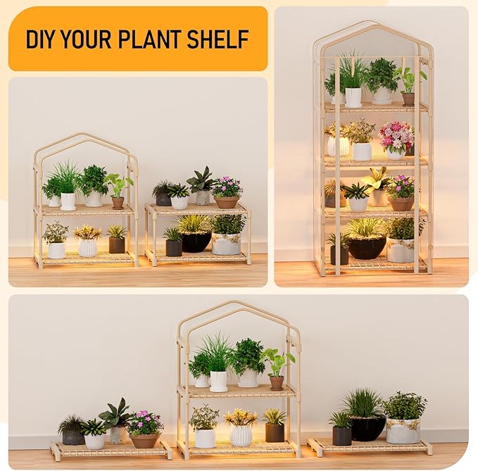 Indoor Greenhouse with Grow Lights - 4 Tiers 27.6"L×19.3"W×61.4"H Outdoor Mini Green House with Zip PVC Cover and Dimmable 45W Full Spectrum Plant Light with Timer for Seed Starting Trays