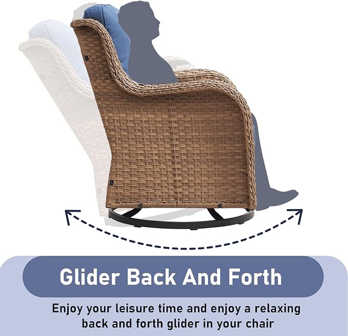 Wicker Outdoor Conversation Set-6 Pieces Outdoor Wicker High Back Couch with Swivel Rocker Chairs Patio Furniture for Deck Poolside Backyard-Yellow/Blue