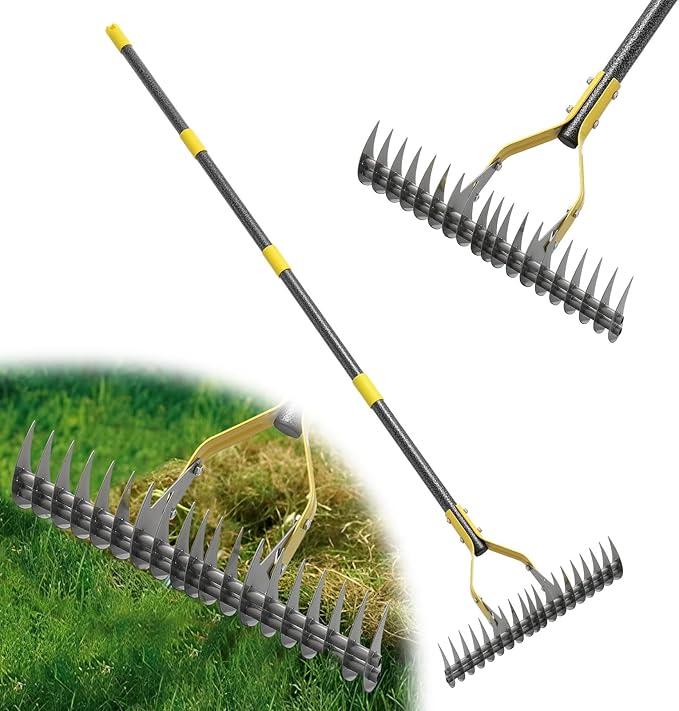Thatch Rake,69 Inch Garden Thatching Rake for Grass Removal, 15 Inch Wide Heavy Duty 19 Teeth Steel Metal Garden Leaf Rakes,Landscaping Raking Garden Tools for Lawn Care Loosening Leveling Soil Mulch
