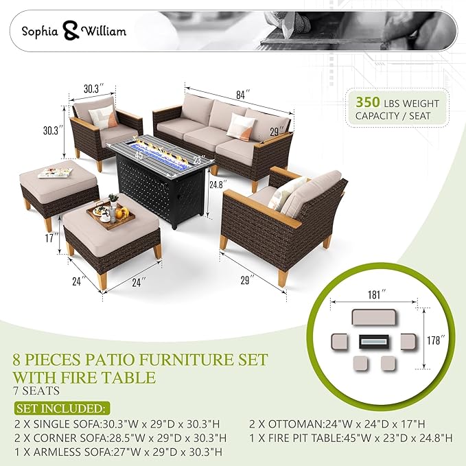 Sophia & William Oversized Patio Furniture Set with Fire Pit Table, Outdoor Wicker Rattan Sectional Sofa 8 Piece Patio Conversation Set for Deck, Backyard, Porch, Outside(45-Inch Fire Pit,Beige)