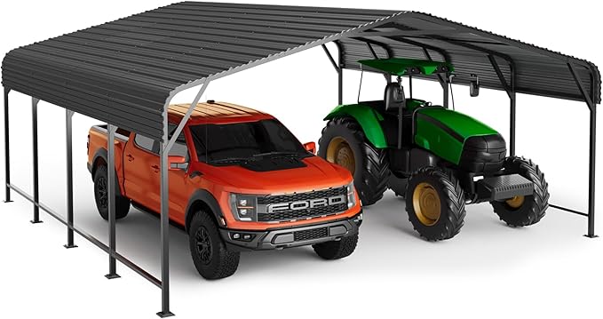 20x20 FT Metal Carport, Enhanced Base and Steel Roof for All-Weather Use, Outdoor Heavy Duty Garage Galvanized Car Shelter for Bass Boats, Full-Sized Pickup Trucks, and Tractors