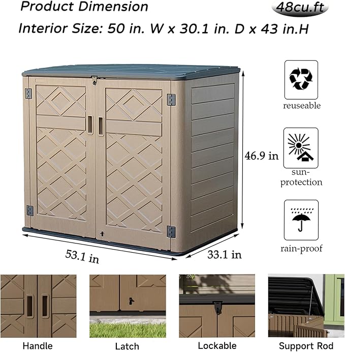 Resin Outdoor Storage Shed, Outdoor Storage Box Waterproof for Garden Tools, Patio Furniture, Trash Cans, Garage Storage, Lockable