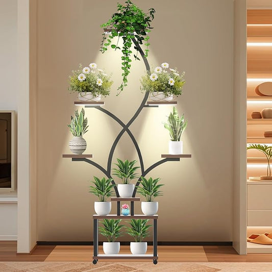 Indoor Plant Stand with Grow Lights ，Stylish S-Shaped Metal Rack for Multiple Indoor Plants ，8-Tiered Tall Plant Shelf for Home and Patio ，Perfect for Plant Lovers