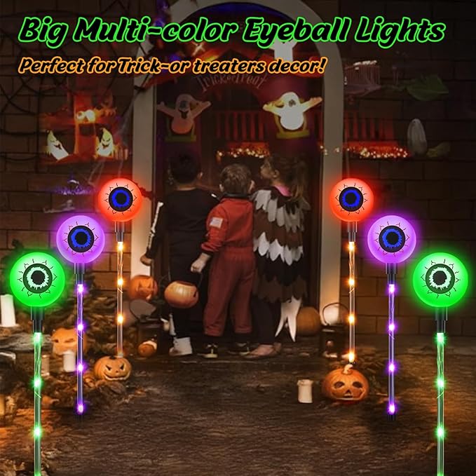 2025 Upgraded 12 Pack Halloween Solar Eyeball Lights Outdoor Decorations: 8 Modes Multicolor Waterproof Halloween Pathway Lights, Orange Purple Green Colorful LED Scary Light for Garden, Yard Decor