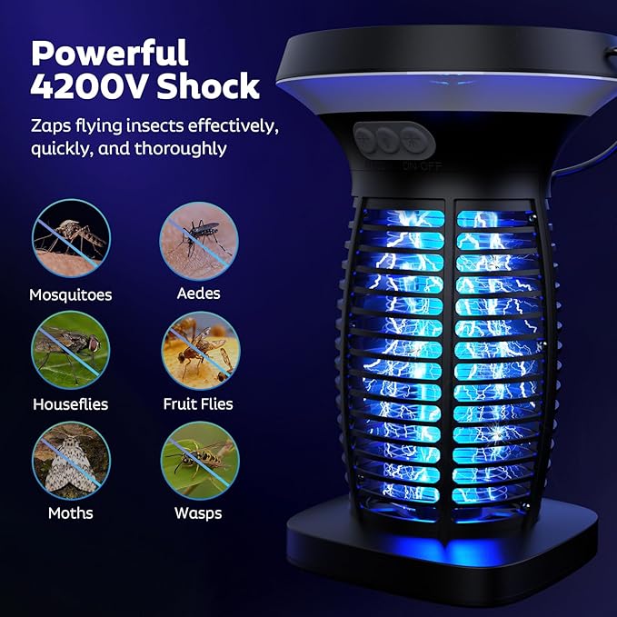 Solar Bug Zapper Outdoor, Mosquito Zapper Outdoor Waterproof Electric Fly Zapper Rechargeable Mosquito Killer with Solar Panel, 4200V Fly Trap Indoor for Home Backyard, Patio, Garden, Camping