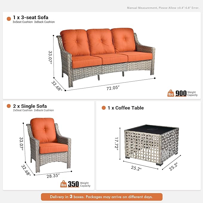 4 Pieces Patio Outdoor Furniture Set,All Weather Wicker Rattan Patio Seating Sofa and Chair Set w/ 3-Seater Sofa and Glowing Coffee Table,Outdoor Conversation Sets for Deck Yard Garden,Red