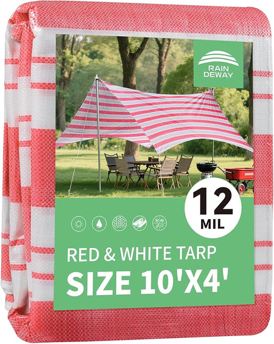 RAINDEWAY Tarps 4x10 Feet,12 Mil Sunshade Striped Tarp Waterproof,Multipurpose Poly Tarp Cover with Grommets and Reinforced Edges,Red/White Tarps