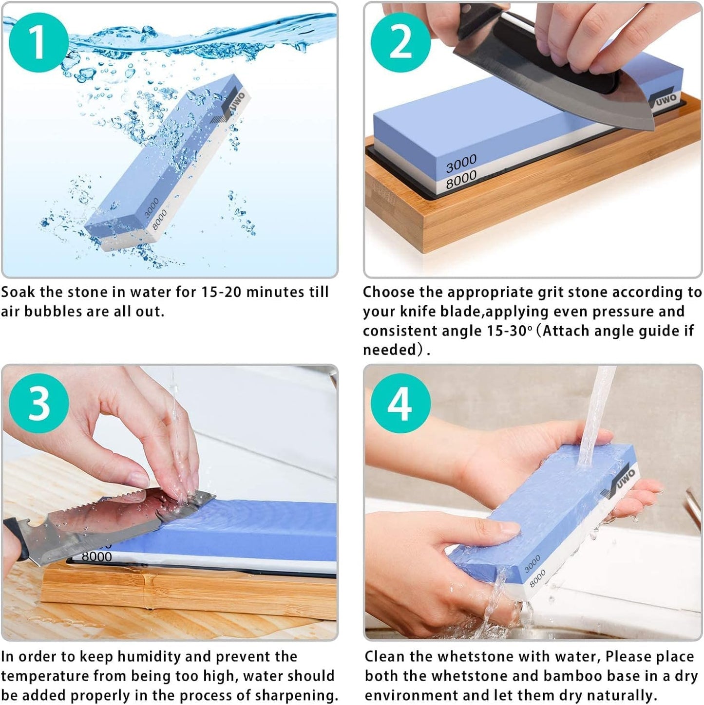 Knife Sharpening Stone Kit - Whetstone Grit 400/1000 3000/8000 Premium Knife Sharpener Wet Stone Set with Bamboo Base Angle Guide Leather Strop Flattening Stone Silicon holder