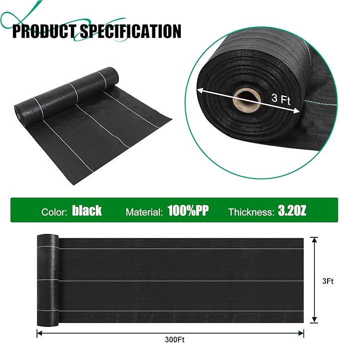 3ft x300ft Black Weed Barrier Landscape Fabric Heavy Duty 3.2OZ French Drain Fabric Ground Cover Weed Cloth for Erosion Control，Outdoor Gardening Weed Control Mat