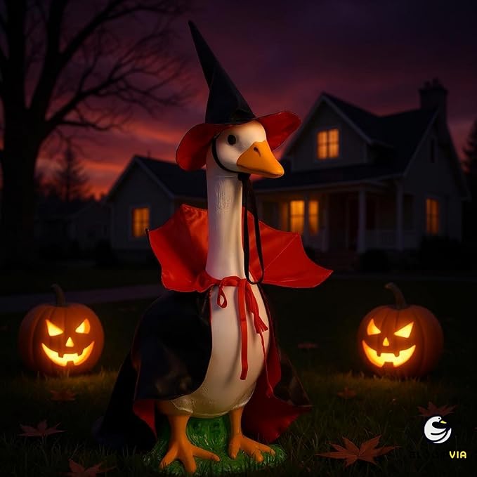 Lawn Goose Outfit – Glossy Cape & Adjustable Hat for 23″ Goose Statue – Halloween & Vampire & USA Flag Costume