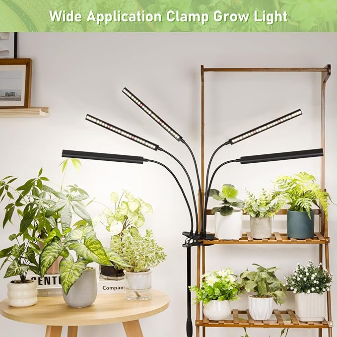 FOXGARDEN Grow Lights for Indoor Plants Full Spectrum, Plant Lights for Indoor Growing with Timer 4/8/12 H, Five-Head 260 LED Clip Grow Lamp with Gooseneck, 4 Brightness Levels for Plant Growing