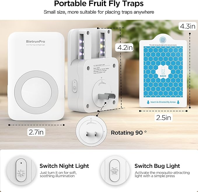 Fly Traps Indoors(1 Device+5 Refills), Gnat Traps for House Indoor with Night Light, 3-in-1 UV/Blue/Yellow Light Plug-in Flying Insect Traps, Fruit Fly Killer, NAT Killer, Get Rid of Gnat Infestation