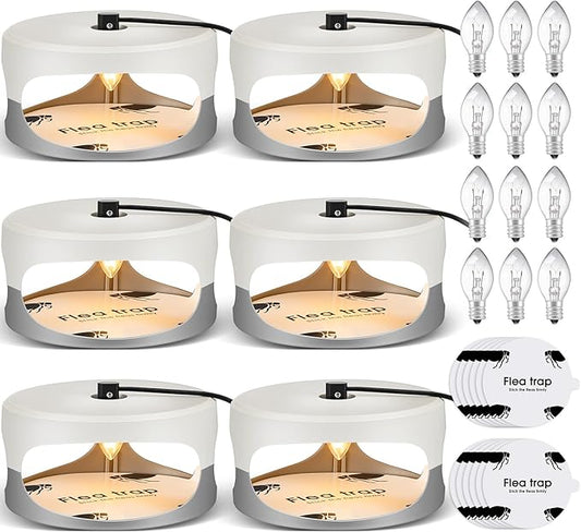 Qualirey 6 Pack Flea Traps with Sticky Disc Bulbs Flea Traps for Inside Your Home Flea Light Trap for Indoor Safe to Pets (White Gray)