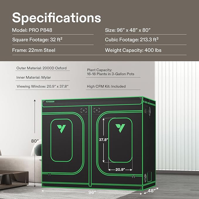 VIVOSUN P848 96"×48"×80" PRO Grow Tent, with Thick 1 inch Poles, Strengthened High Reflective Mylar Oxford Fabric, Extra Hanging Bars & High CFM Kit for Hydroponics Indoor Plant for AeroLight A200SE×4