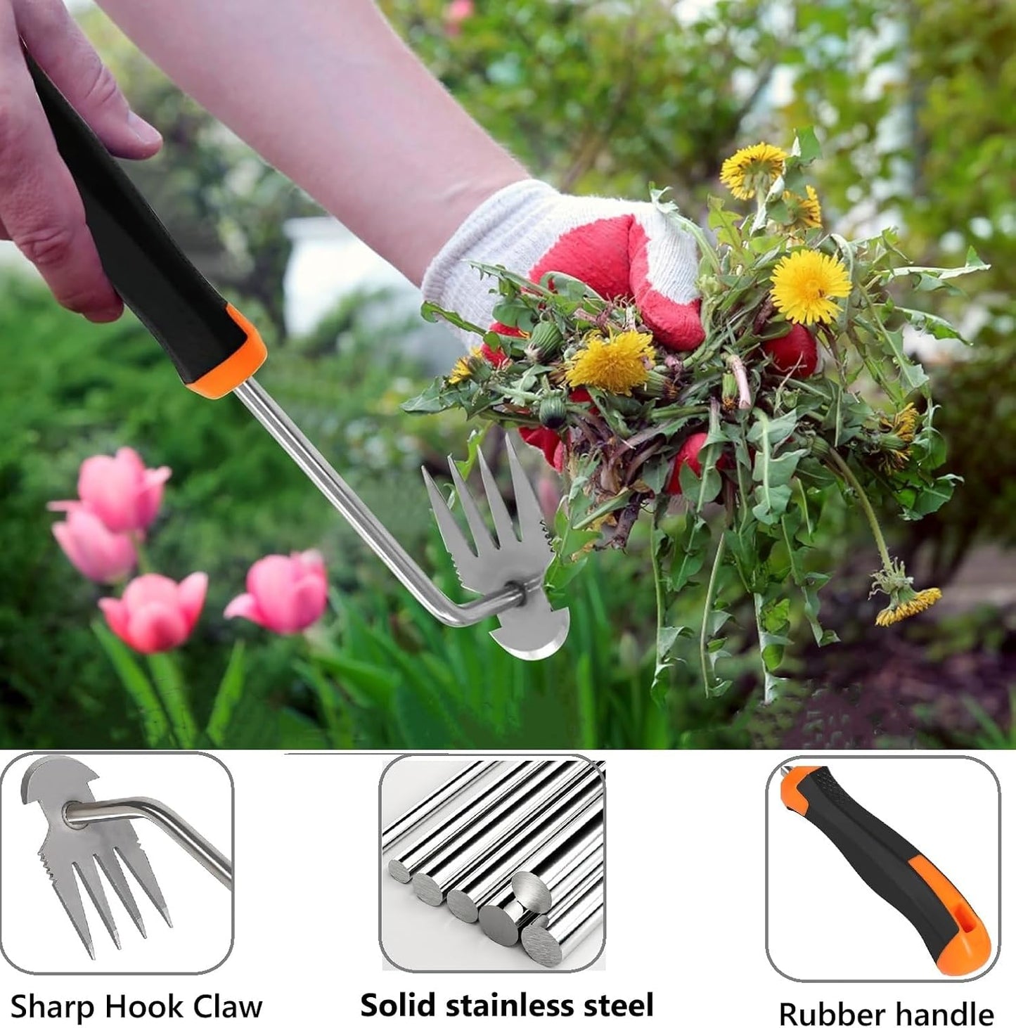 Weed Puller Tool， New Garden Weeder Tool Stainless Steel Hand Weeder Tool,4 Teethes Dual Purpose Weed Remover Tool Weeding Tools for Gardening(2PCS)