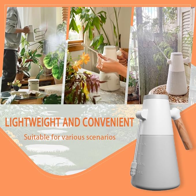 Electric Plant Mister with 180° Adjustable Long Nozzle, 2 Spray Modes, Battery Operated Garden Sprayer for Indoor Outdoor Plants – Minimalist White Design with Wood Grain Handle