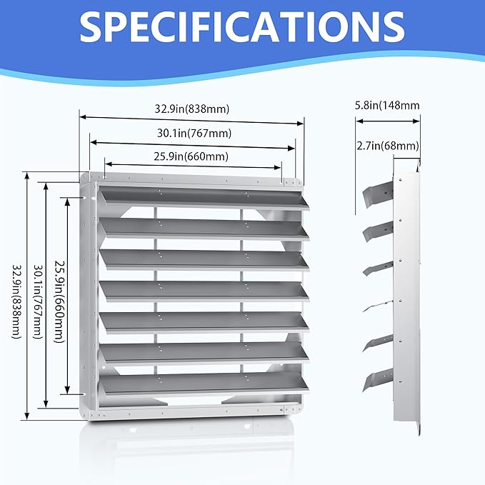 30 Inch Galvanized Shutter Exhaust Louver Vent, Automatic Gravity Shutter Louver Vent for Home Attics, Workshops, Barn, Greenhouse (Motor&Blades are not Included)