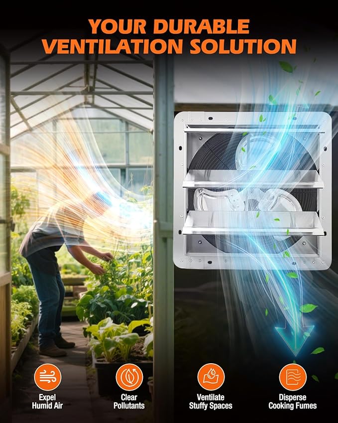 JVO 14" Shutter Exhaust Fan - 1520 CFM, Wall-Mounted for Greenhouses, Attics, Garages & Chicken Coops. Ideal Attic Fan, Greenhouse Vent & Coop Exhaust for Powerful Ventilation & Cooling