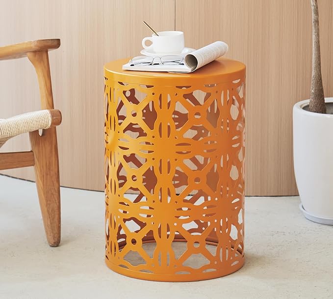 HFHOME Set of 3 Metal Outdoor Side Table, Nesting Round Coffee Table for Indoor Outdoor, Heavy Duty End Tables Plant Stand Living Room Garden Stool - Orange
