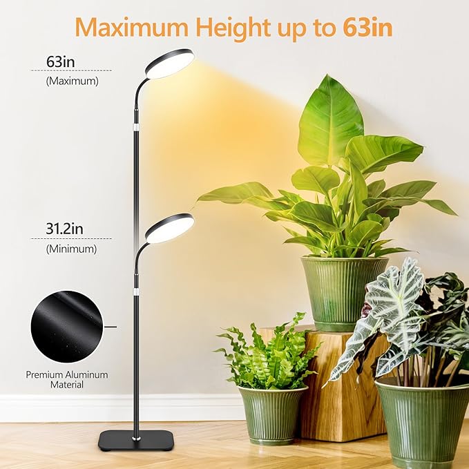 Grow Light for Indoor Plant, 20W Full Spectrum Large Round Heads Growing Lights,10 Dimmable Brightness,Height Adjustable,Flexible Gooseneck,Auto Timer,LED Floor Lamp for Tall Small Plants Growth
