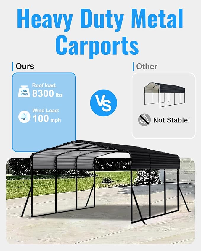 10x15FT Metal Carport, Heavy Duty Carport with Reinforced Frame & Side Support Poles for All-Weather, Outdoor Car Port Suitable for Parking Pickup, Boat, Car, and Tractor