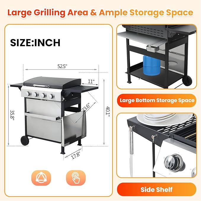 4-Burner Propane Gas BBQ Grill with Porcelain-Enameled Cast Iron Grates, Baking Sheet, 2 Foldable Side Table, 49,200 BTU Stainless Steel Grill for Outdoor Camping Barbecue Grilling Backyard Cooking