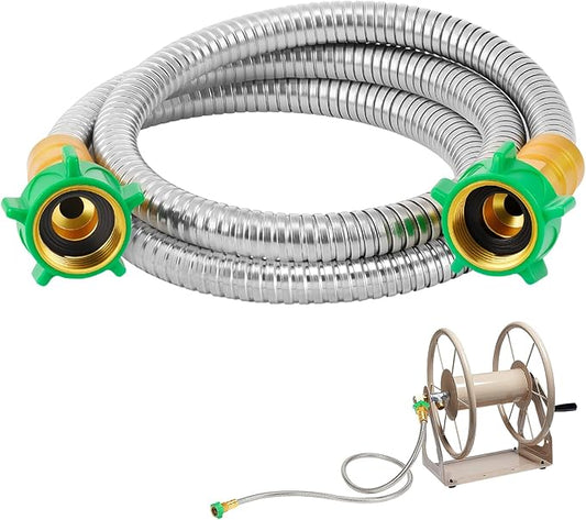 Short Garden Hose with Female to Female Connector, 5ft Metal Leakproof Leader Hose for Hose Reel, Heavy Duty 304 Stainless Steel Flexible Hose for Outdoor Garden Watering Car Pet Cleaning