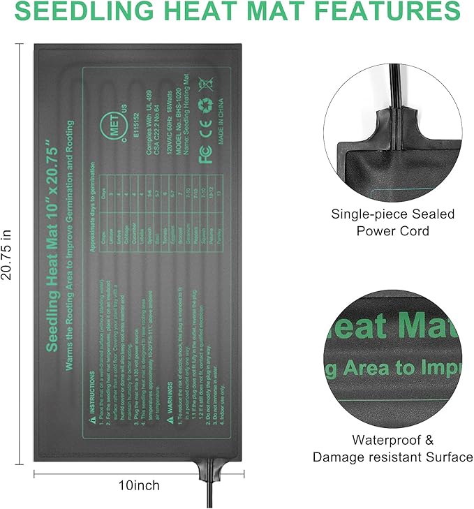 Seedling Heat Mat Hydroponic Plants Heating Pad, Seed Starting Greenhouse and Germination, Waterproof Durable Heating Pad for Indoor Home Gardening Seed Starter(10“x20.75”)