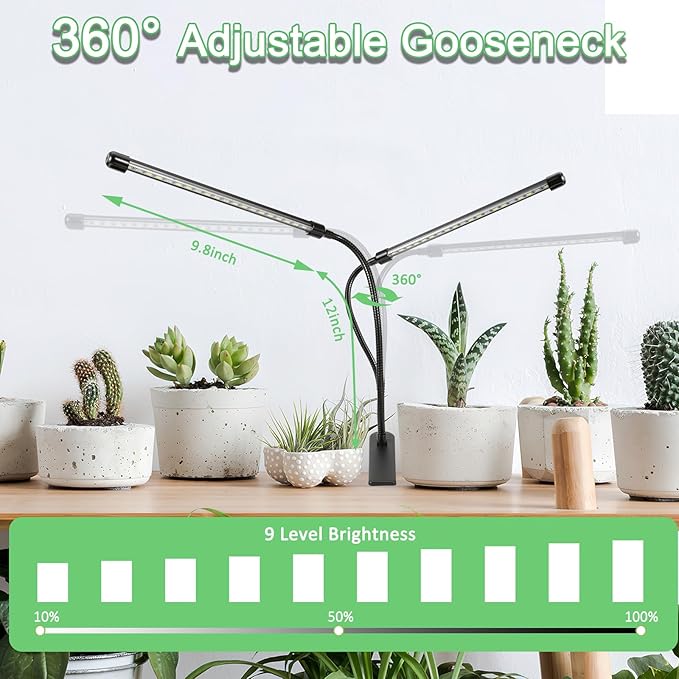 Grow Lights for Indoor Plants, 6000K Full Spectrum Plant Lights for Indoor Growing White Red Led, Clip On Grow Light Plant Lamp for Seeding,Dimmable &Auto on/Off Timmer (White, 2Head-2Packs)