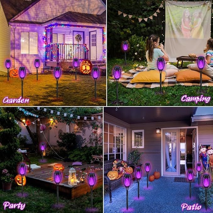 12Pack Halloween Yard Decorations, Purple Solar Halloween Lights for Outside Decor, LED Solar Flame Lights Outdoor for Yard Decorations, Waterproof Luces Solares Outdoor Decor for Patio Garden Pathway