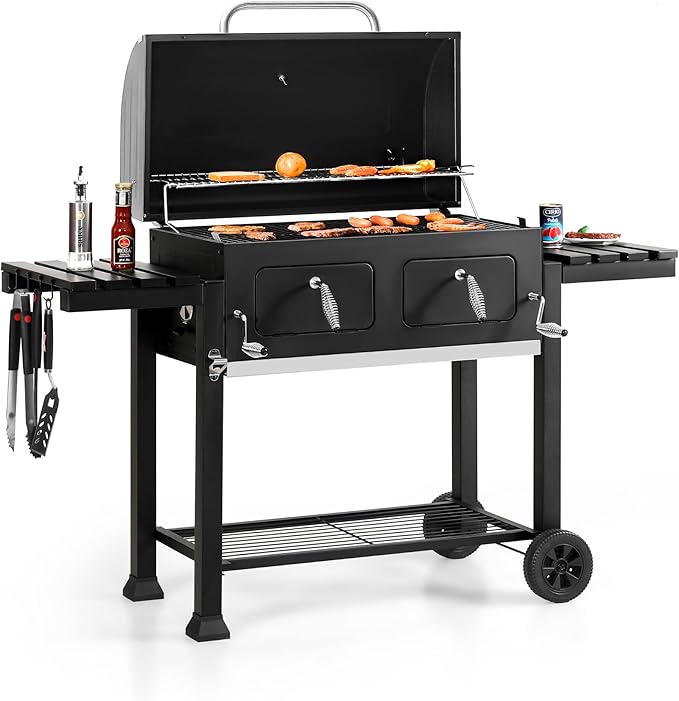 Sophia & William Extra Large Charcoal BBQ Grills with 794 SQ.IN. Cooking Area, Heavy Duty Outdoor Barbecue Grill with 2 Individual Lifting Charcoal Tray and 2 Foldable Side Table, Black