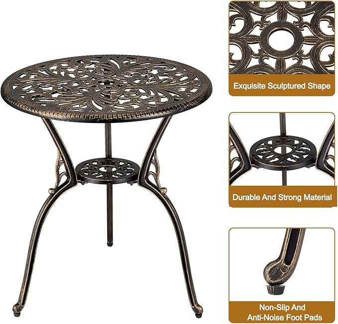 3 Piece Bistro Set, Outdoor Bistro Table and Chairs Set of 2, Rust-Resistant Cast Aluminum All Weather Patio Outdoor Bistro Set with Umbrella Hole for Backyard, Balcony, Front Porch, Brown