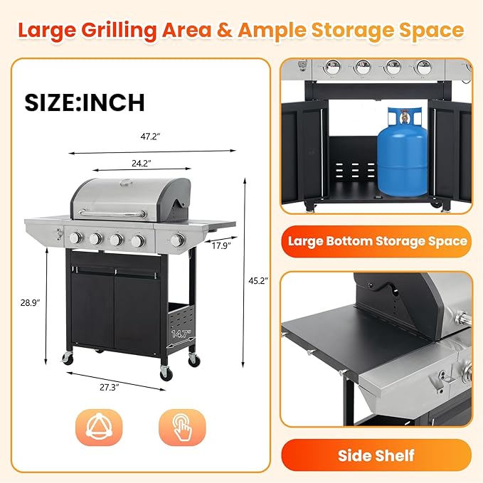 4-Burner Propane Gas BBQ Grill with Side Burner, Porcelain-Enameled Cast Iron Grates and Side Tables, 46,500 BTU Stainless Steel Grill for Outdoor Camping Barbecue Grilling Backyard Cooking