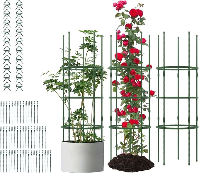 Happygrill 3 Pack Plant Cages and Supports, 60 inch Tall Adjustable Tomato Cage w/Clips & Ties, Heavy-Duty Garden Trellis for Climbing Plants, Vines, Flowers, Vegetables, Potted Plants Indoor Outdoor
