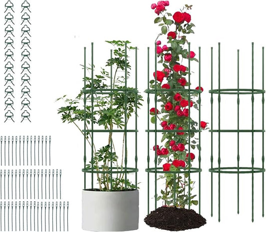 Happygrill 3 Pack Plant Cages and Supports, 60 inch Tall Adjustable Tomato Cage w/Clips & Ties, Heavy-Duty Garden Trellis for Climbing Plants, Vines, Flowers, Vegetables, Potted Plants Indoor Outdoor