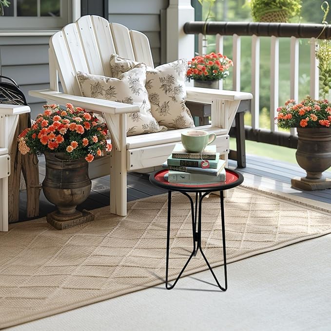 LIFFY Outdoor Side Tables, 12" Coffee Table Small Patio Table, Indoor Small Round Home Decorative End Table, Plant Stands Table Outside, for Yard Balcony Garden Bedside Pool Beach（Metal & Glass,Red）