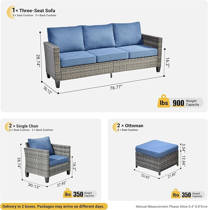 ovios Patio Furniture Set, 5 Pieces Outdoor Wicker Sofa Couch with Chairs, Ottomans and Comfy Cushions, All Weather High Back Rattan Conversation Set, Denim Blue