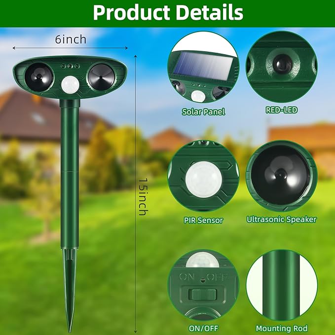 2 Pack 2025 Animal Repellent Ultrasonic Outdoor Squirrel Fortress Pro, Solar Repeller with Motion Sensor, Waterproof Dog Skunk Raccoon Rabbit Cat Deer Repellent for Yard Farm