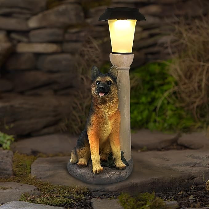 Solar Dog Garden Statues with Lantern, Resin German Shepherd Sculpture with Warm White Light for Outside Lawn Porch Patio
