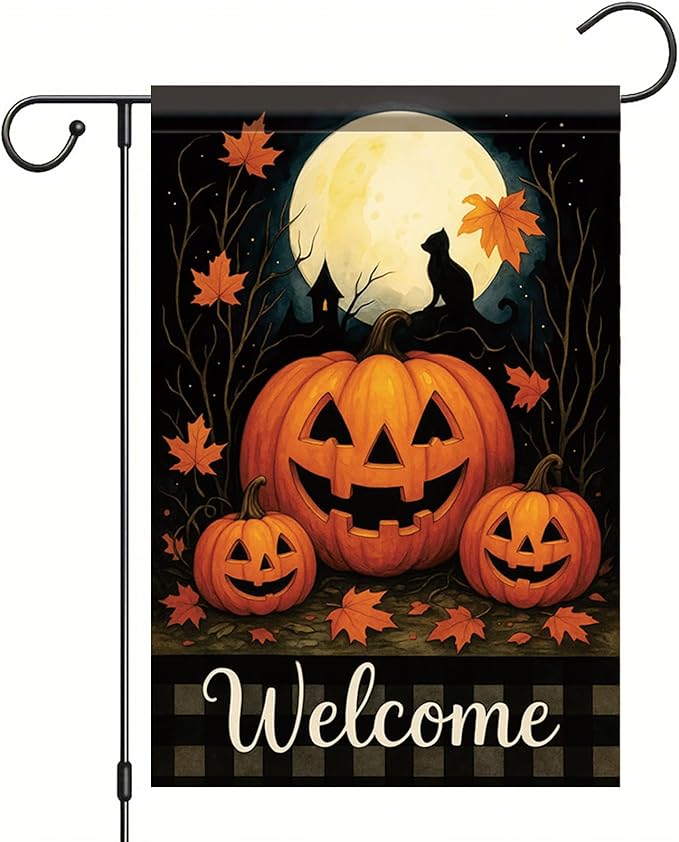 Halloween Garden Flag Pumpkin Cat Full Moon Flag 12x18 Inch Double Sided Outdoor Yard Banner for Trick or Treat Haunted House Fall Halloween Decoration Decor