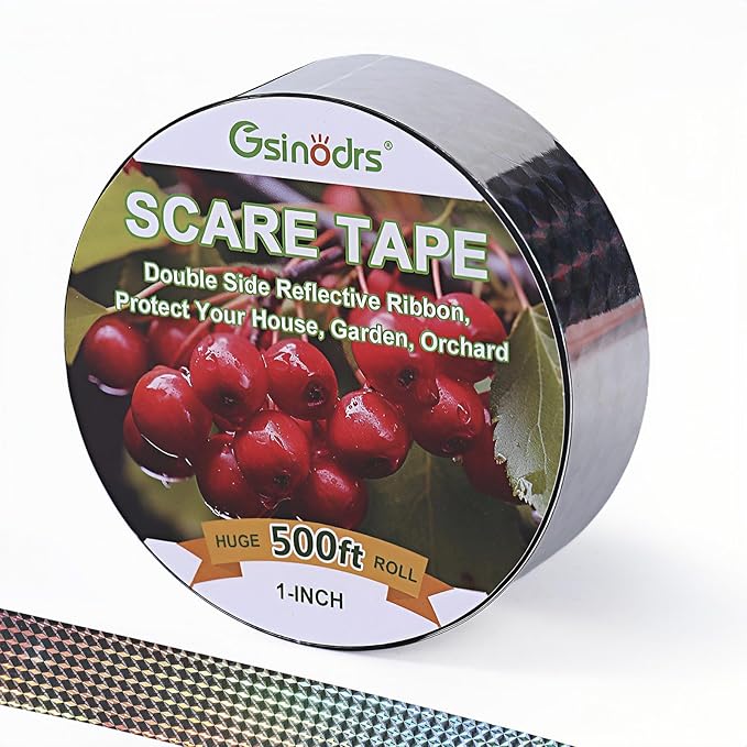 Double-Sided Reflective Bird Scare Tape Ribbon - 500ft x 1in Outdoor Reflective Tape for Gardens, Orchards & Farms - Wind Activated Flash Tape to Scare Bird - No Adhesive, Easy Tie-On Installation
