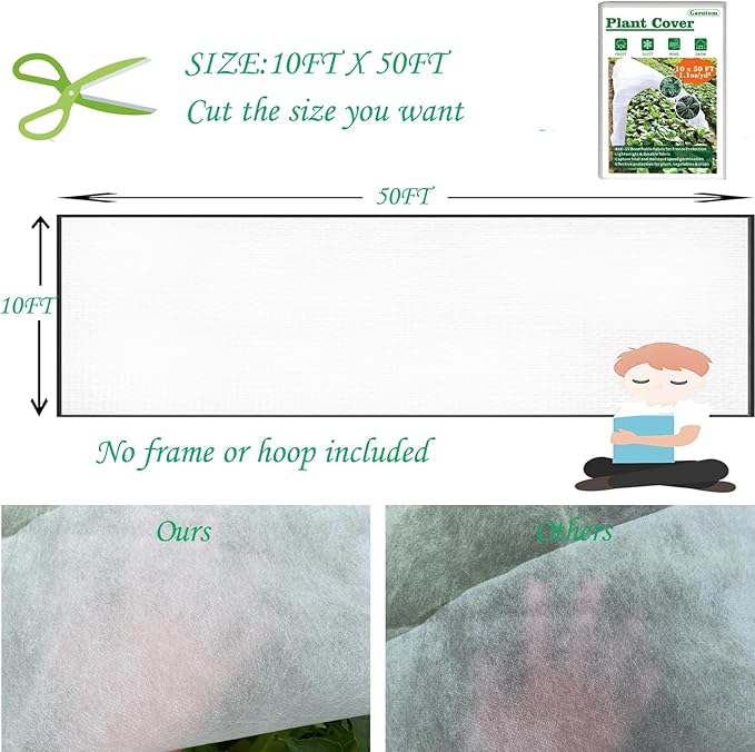 Plant Covers Freeze Protection 10ft x 50ft 1.1 oz Frost Cloth Plant Freeze Protection, Frost Blankets for Outdoor Plants Winter or Floating Row Covers Shade Cloth for Gardens, Vegetables