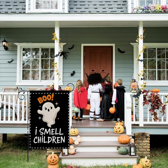 Fokongna Halloween Spooky Ghost BOO Garden Flag, I Smell Children Garden Flag Halloween Decor, 12x18 Inch Burlap Vertical Double Sided Flags, for Home Yard Outside Decorations