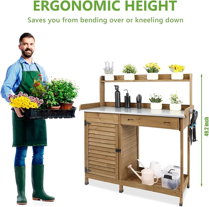 Garden Potting Benche Table Outdoor Wooden Work Station W/Metal Table top,Cabinet,Drawer,Large Bottom Shelf,Open Shelf Natural Wood-Brown-Brown