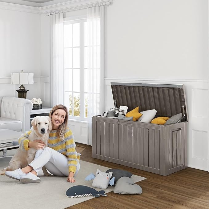 80 Gallon Resin Deck Box, Lockable Outdoor Storage Box for Patio Cushions Storage Furniture,Garden Tools, Pool Supplies, Weatherproof and UV Resistant- Grey (80 Gallon)