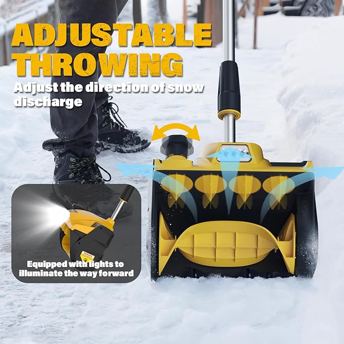 Cordless Snow Shovel, 12-Inch 20V Electric Snow Shovels, Snow Shovel for Driveway with Directional Plate and Adjustable Front Handle, Equipped with LED lights, 4.0Ah Battery and Quick Charger Included